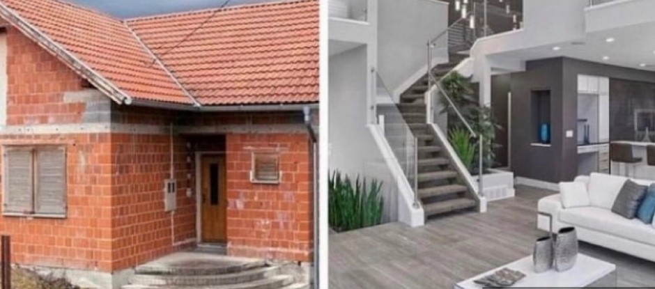 VAŽNO DA NE KISNE Tipična slika kuće na Balkanu, spolja i iznutra, u dvorištu tona cementa pod najlonom