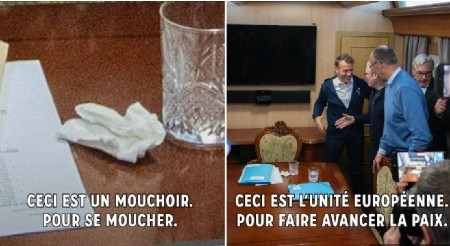 MAKRON NE ŠMRČE KOKAIN! Dva detalja na stolu u vozu na putu Makrona, Starmera i Merca u Kijev usijala društvene mreže