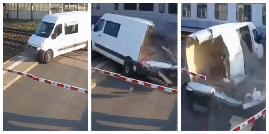 STRAVIČAN SUDAR NA PRUZI! Kombi ostao na šinama iza spuštene rampe, voz ga UNIŠTIO (VIDEO)