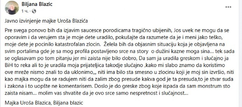 JAVNO IZVINJENJE MAJKE UROŠA BLAŽIĆA Dan ranije reagovala sa smajljem sa srcima na objavu presude za ubistva kod Mladenovca
