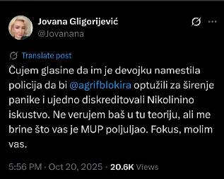 POSLE GEORGIJEVA, NOVO PRIZNANJE I Jovana Gligorijević potvrdila da je priča oko studentkinje A. P. nameštena