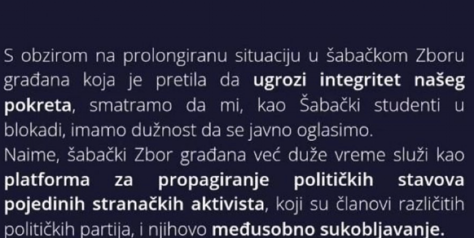 ŠABAČKI STUDENTI BLOKADERI: Zborovi su nas ugrozili