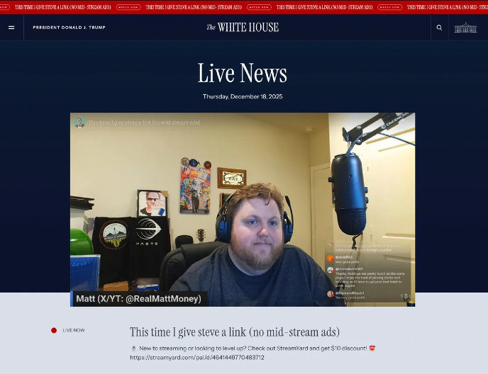 ŠTA SE OVO DESILO? Sajt Bele kuće tokom noći prikazivao lajv strim Jutjubera (FOTO)